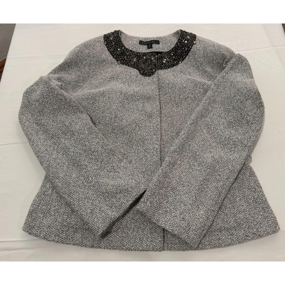 Lafayette 148 Embellished Snap Jacket Metallic Silver Tweed Sz 14 Party MOB MOG - Picture 2 of 13
